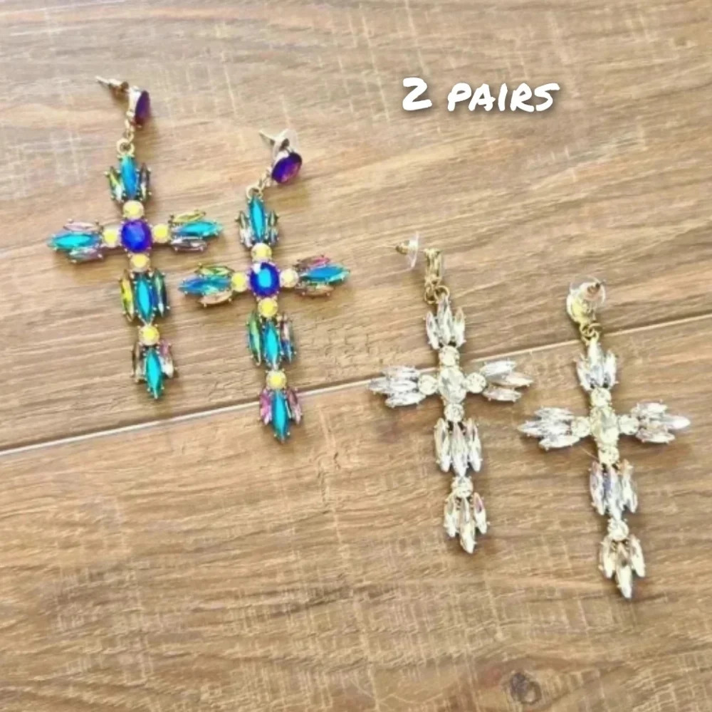 Colorful & Clear Zirconia Cross Earrings • Set of 2
